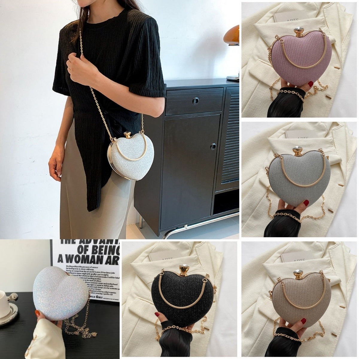 Shiny Metallic Heart Bag with Chain
