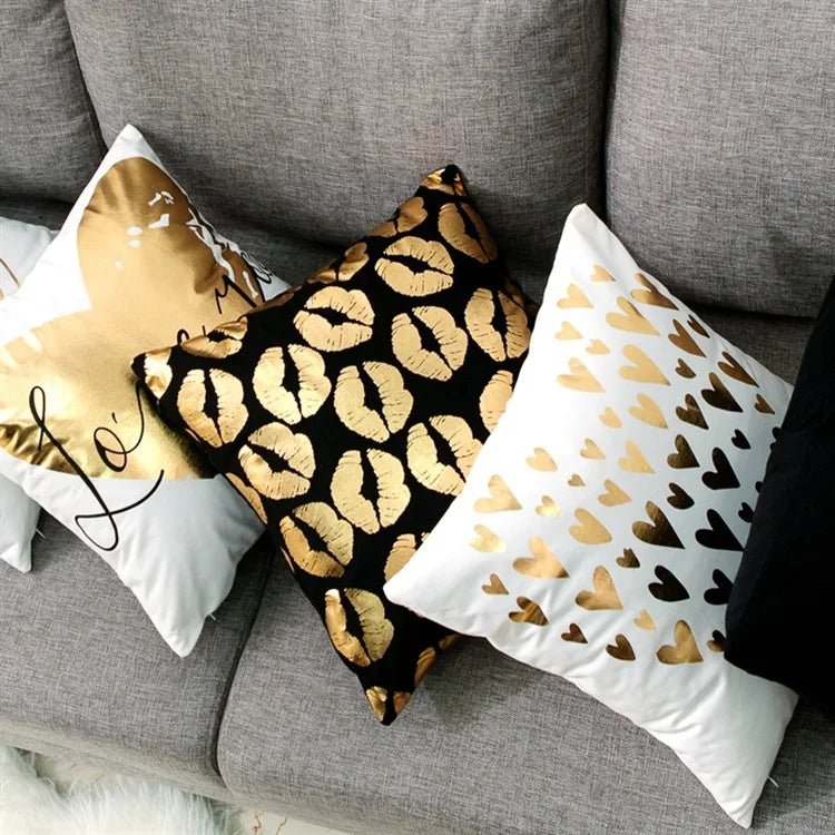 Housse de Coussin Décorative Noir et Blanc avec Dorure