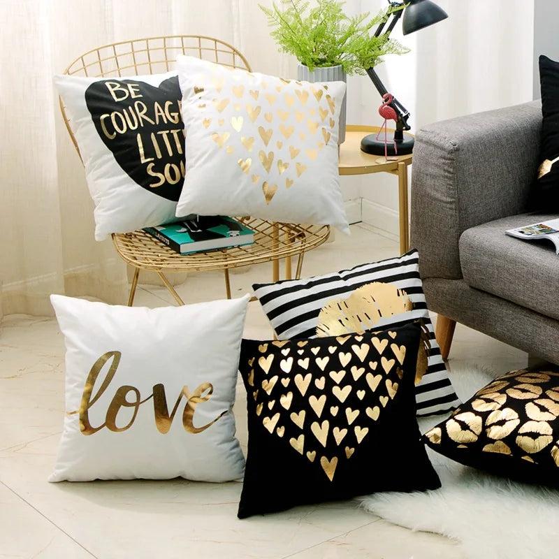 Housse de Coussin Décorative Noir et Blanc avec Dorure