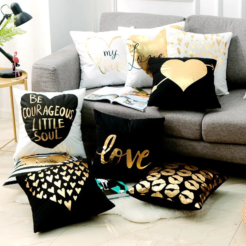 Housse de Coussin Décorative Noir et Blanc avec Dorure
