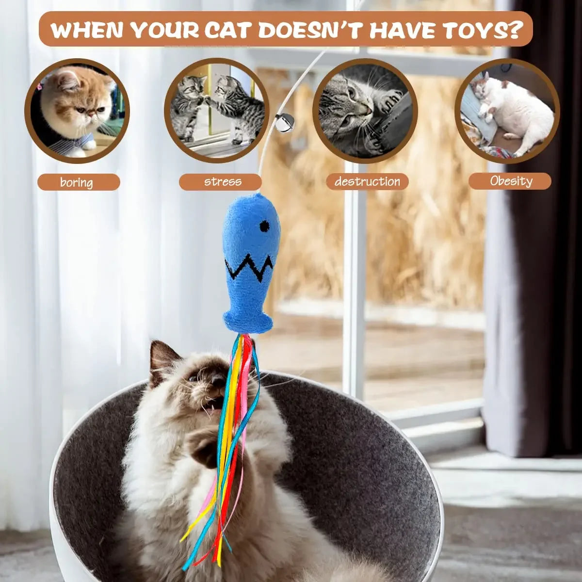 Cat Fishing Rod Toy - Natural Wooden Wand
