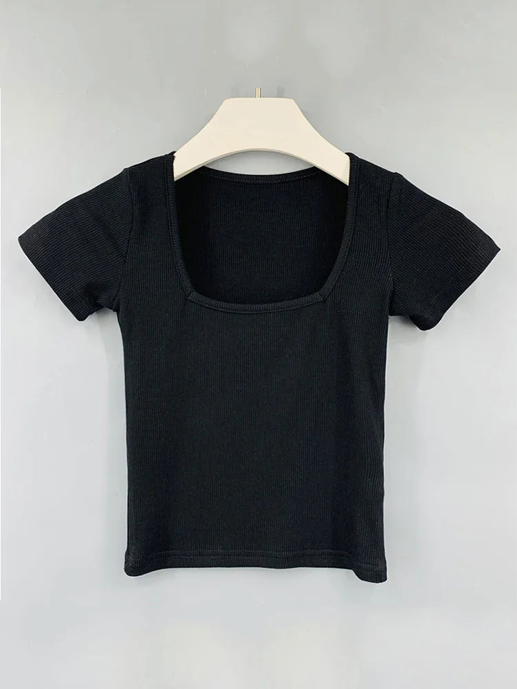 Women's Cropped T-Shirt - Square Neck, Short Sleeves, Fitted, Summer 2025