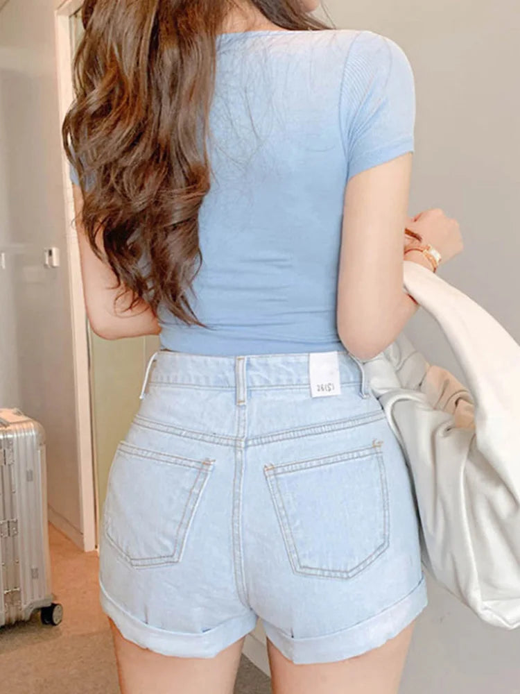 Women's Cropped T-Shirt - Square Neck, Short Sleeves, Fitted, Summer 2025