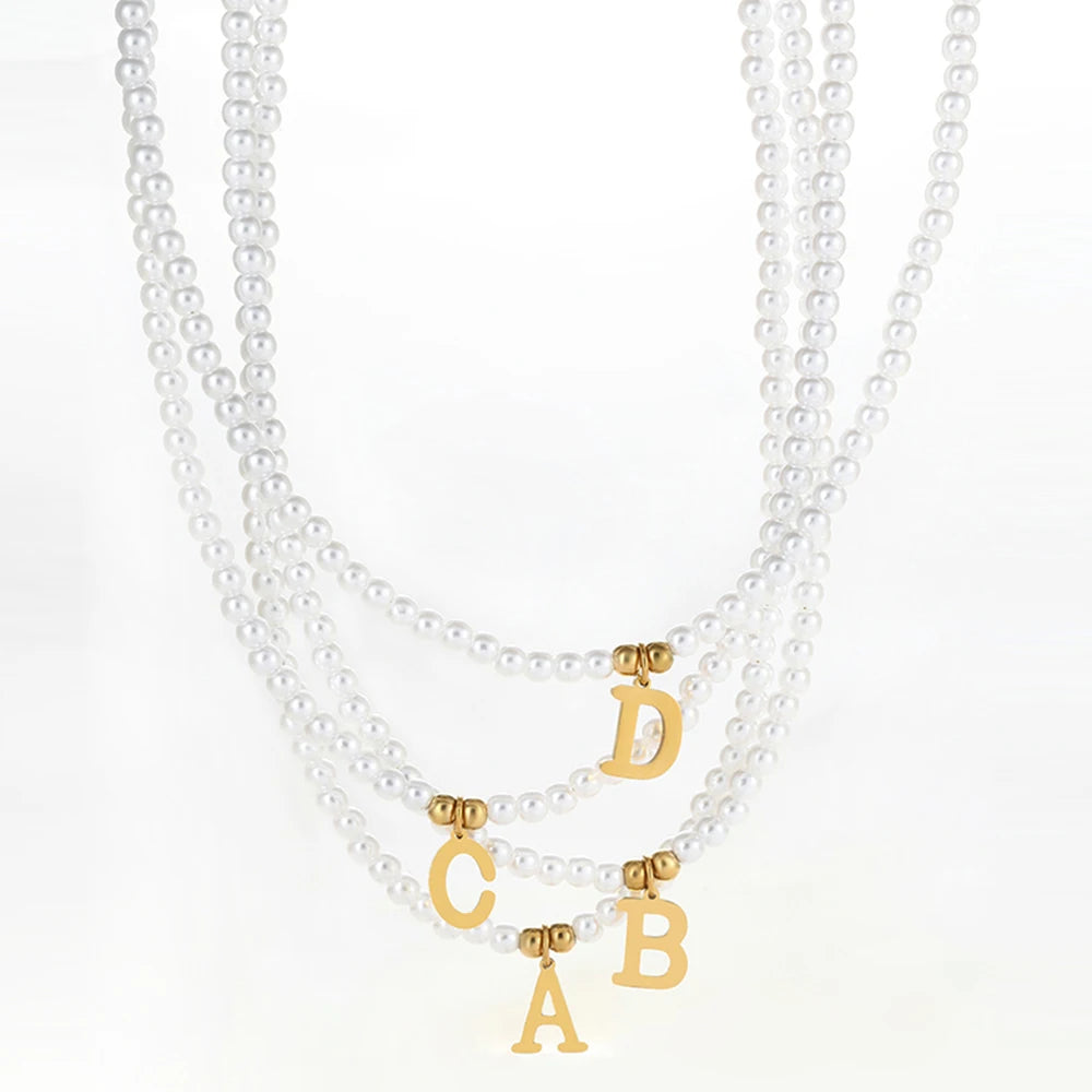 Collier Perles & Initiale – Acier Inoxydable