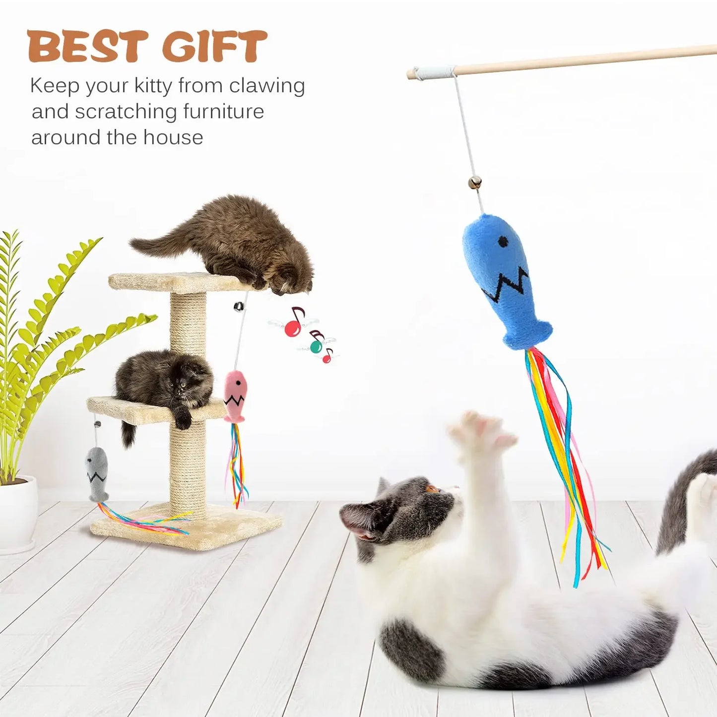 Cat Fishing Rod Toy - Natural Wooden Wand