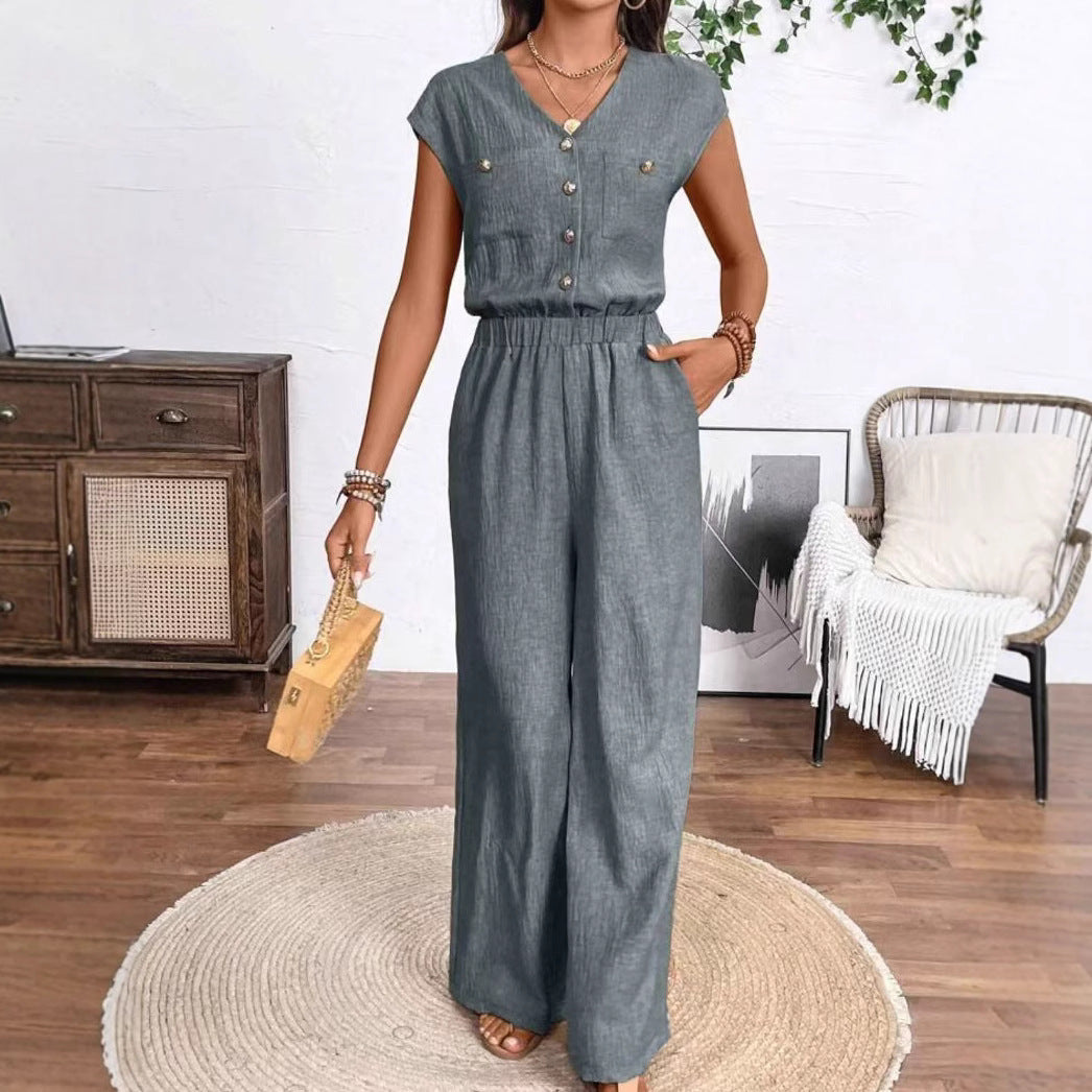 Combinaison Femme à Col V avec Boutons & Poches