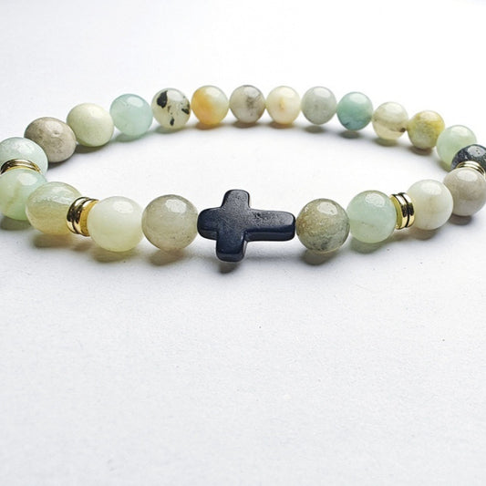8mm Natural Stone Beaded Cross Bracelet