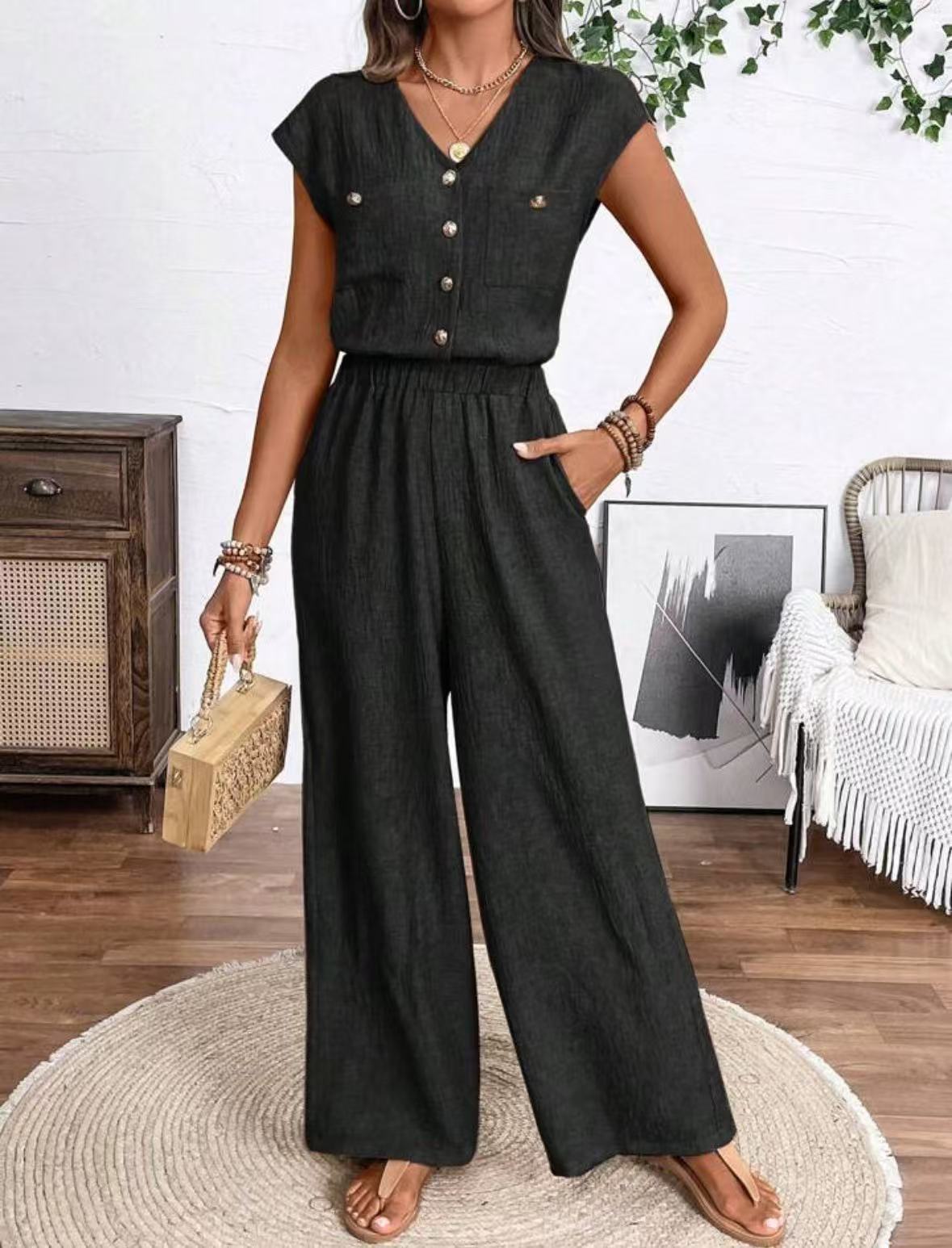 Combinaison Femme à Col V avec Boutons & Poches