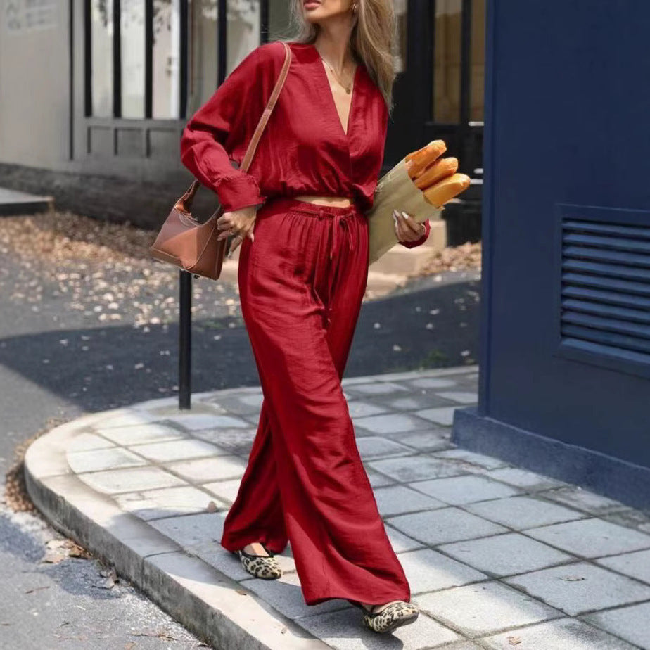 Ensemble Élégant Femme – Haut à Manches Longues & Col V