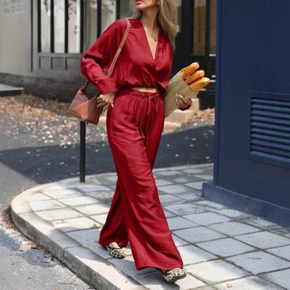 Ensemble Élégant Femme – Haut à Manches Longues & Col V