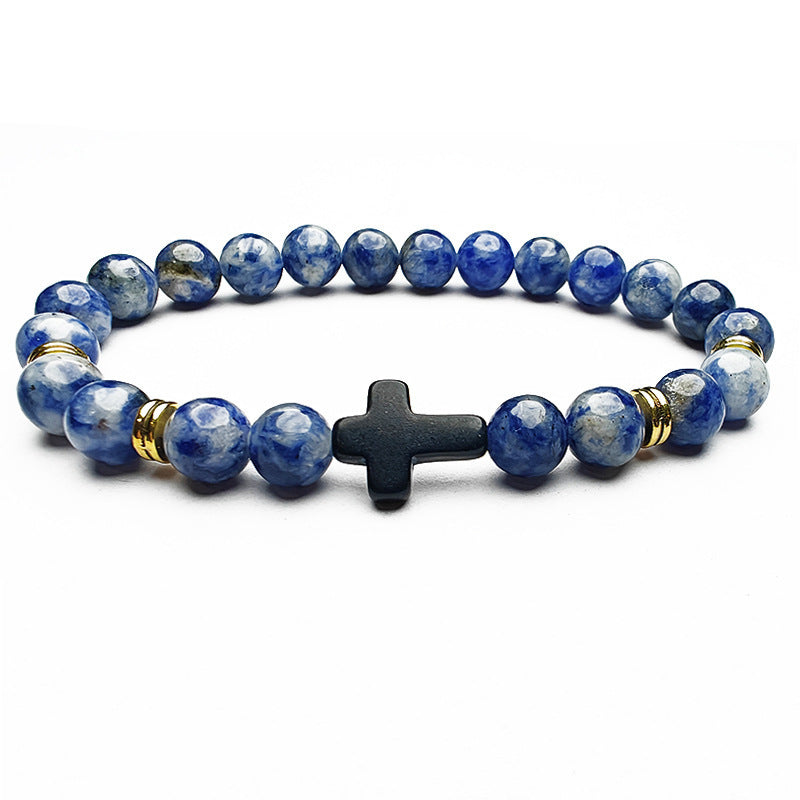 8mm Natural Stone Beaded Cross Bracelet
