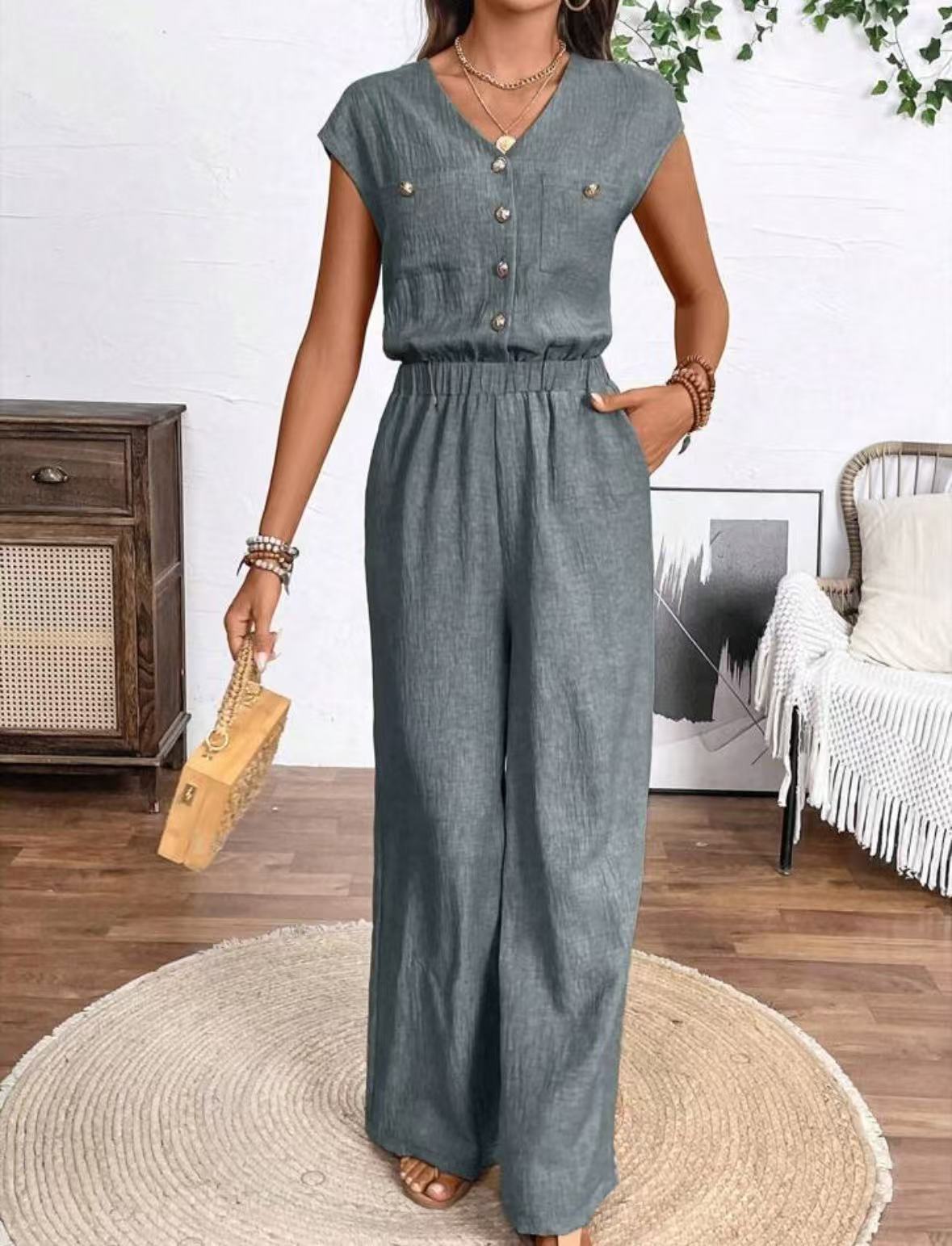 Combinaison Femme à Col V avec Boutons & Poches