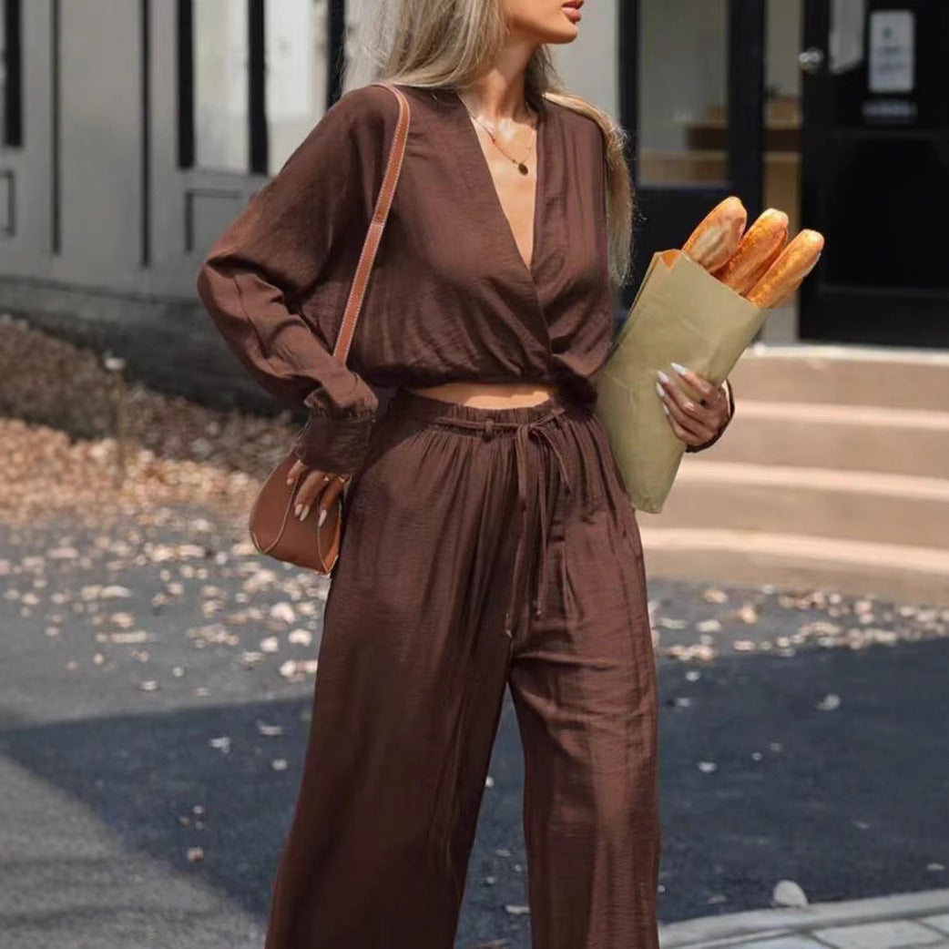 Ensemble Élégant Femme – Haut à Manches Longues & Col V