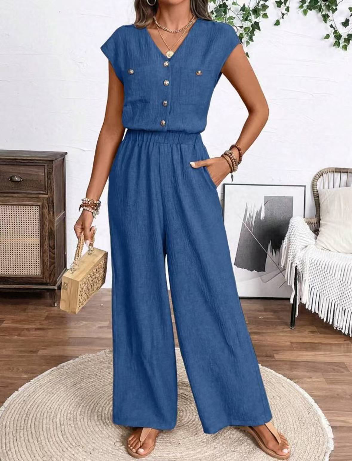 Combinaison Femme à Col V avec Boutons & Poches