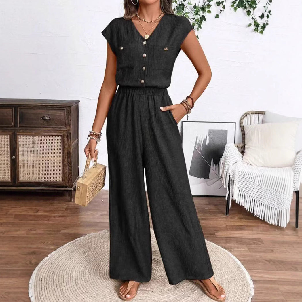 Combinaison Femme à Col V avec Boutons & Poches
