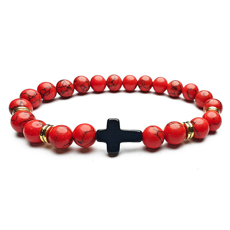 8mm Natural Stone Beaded Cross Bracelet