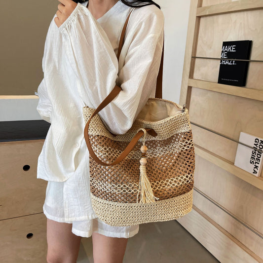 Grand Sac de Plage en Paille à Rayures