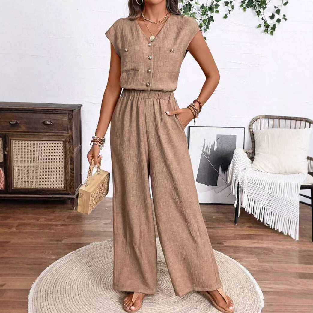 Combinaison Femme à Col V avec Boutons & Poches