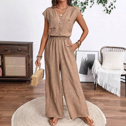 Combinaison Femme à Col V avec Boutons & Poches