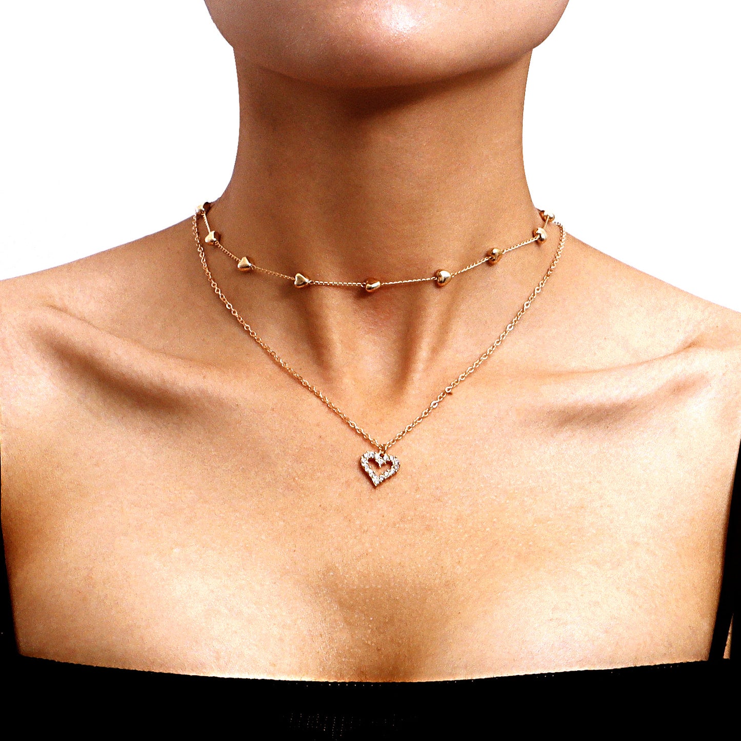Gold Multi-Row Necklace with Heart Pendant