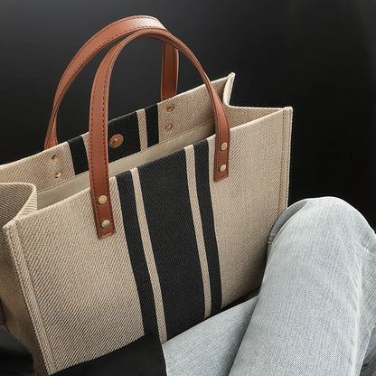 Striped Canvas Tote Bag – Casual Elegance &amp; Large Capacity