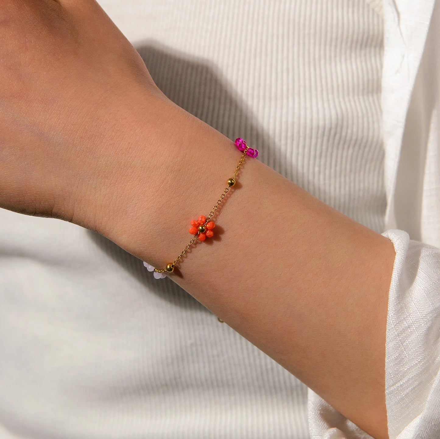 Colorful Flower Bracelet – Stainless Steel &amp; Gold Beads