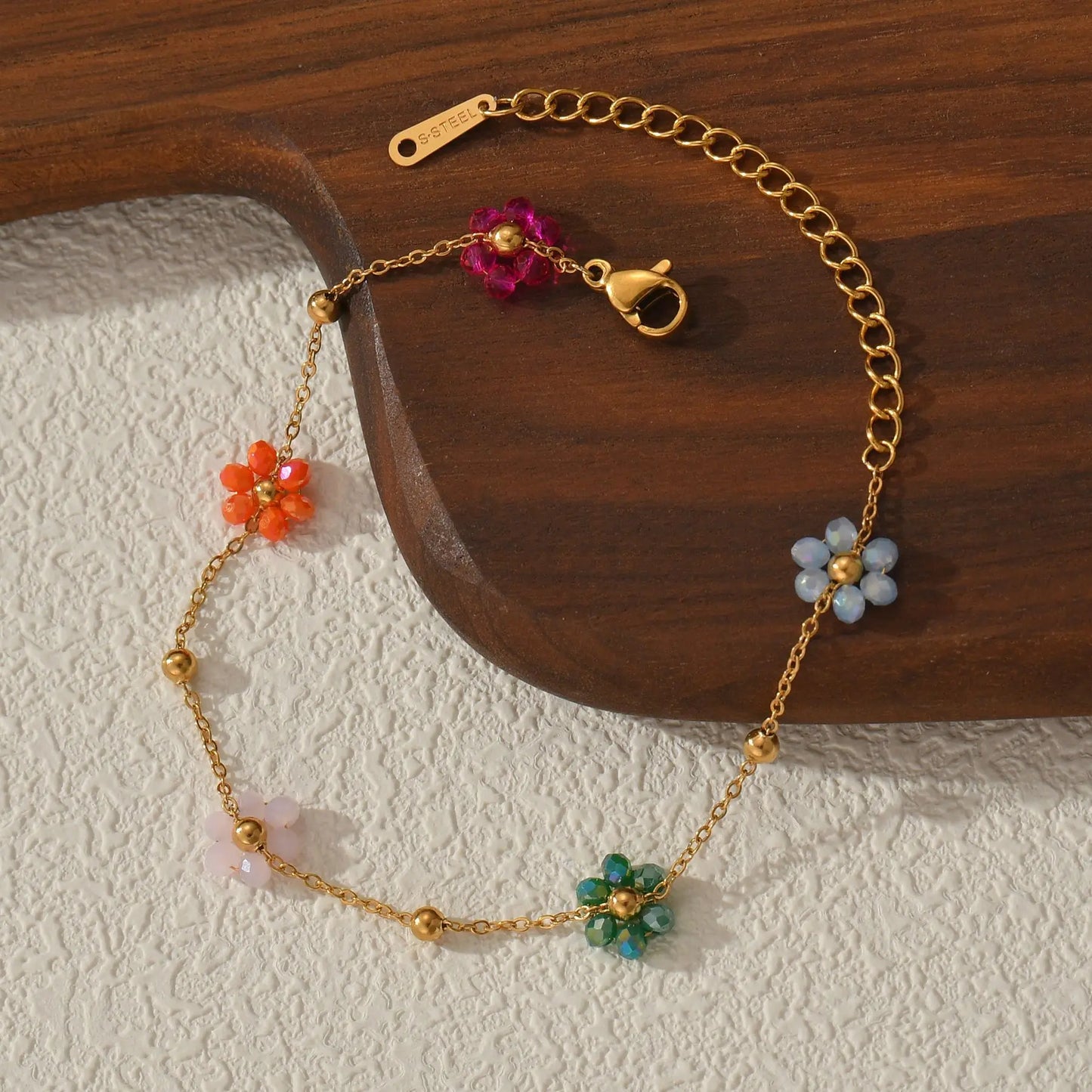 Colorful Flower Bracelet – Stainless Steel &amp; Gold Beads