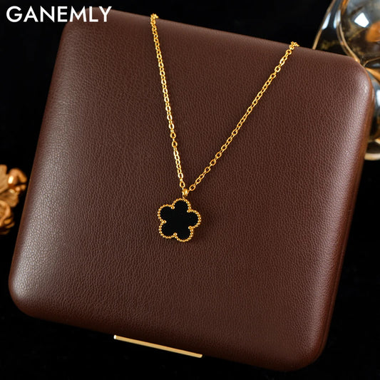 Black Clover &amp; Plum Blossom Necklace - Stainless Steel