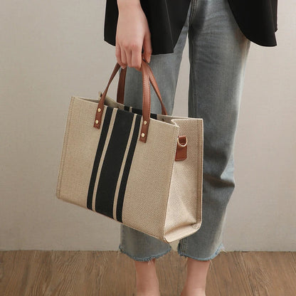 Striped Canvas Tote Bag – Casual Elegance &amp; Large Capacity