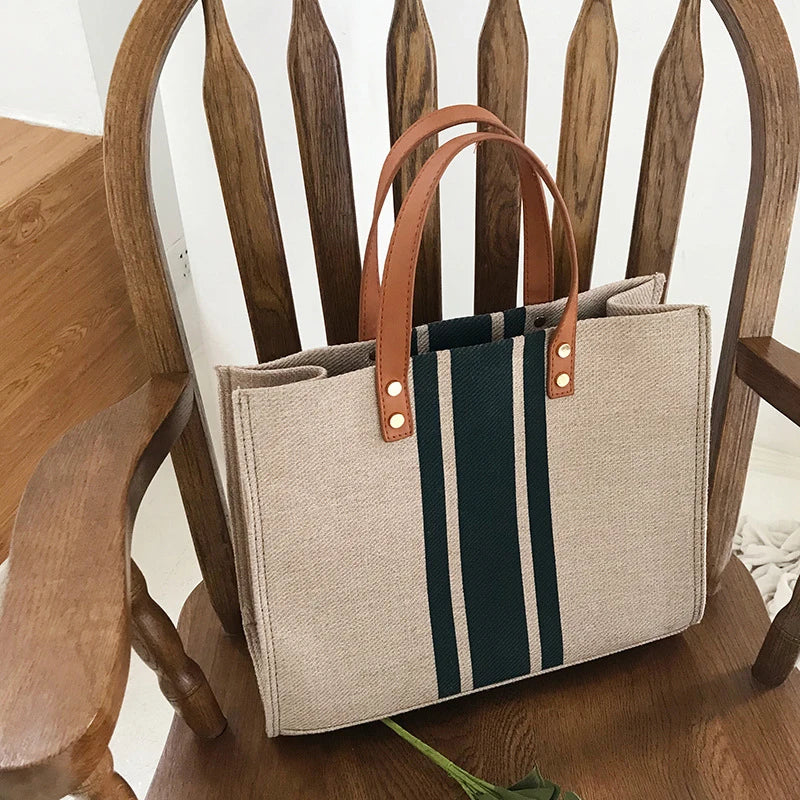 Striped Canvas Tote Bag – Casual Elegance &amp; Large Capacity