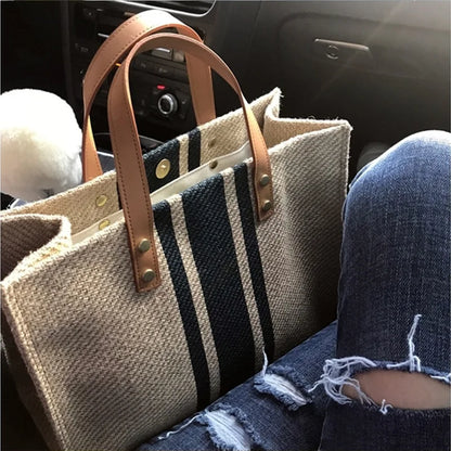 Striped Canvas Tote Bag – Casual Elegance &amp; Large Capacity
