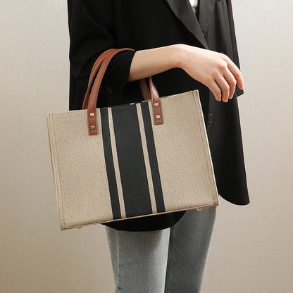 Striped Canvas Tote Bag – Casual Elegance &amp; Large Capacity