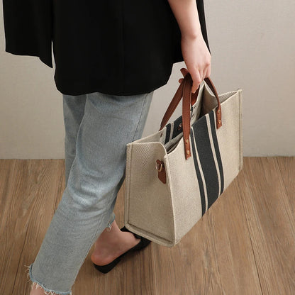 Striped Canvas Tote Bag – Casual Elegance &amp; Large Capacity