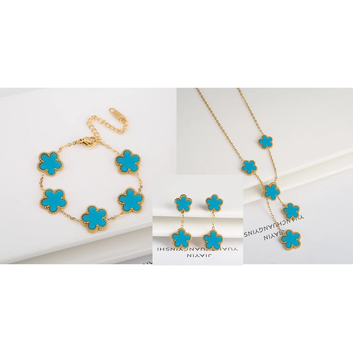 Parure Bijoux 3 Pièces Plaqué Or 18K – Élégance Florale