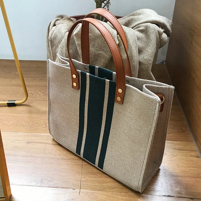 Striped Canvas Tote Bag – Casual Elegance &amp; Large Capacity