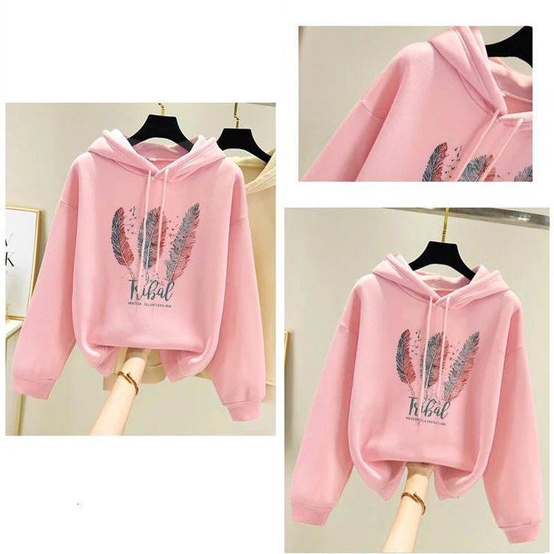 Sweat à Capuche Femme – Imprimé Plume, Chaud & Confortable