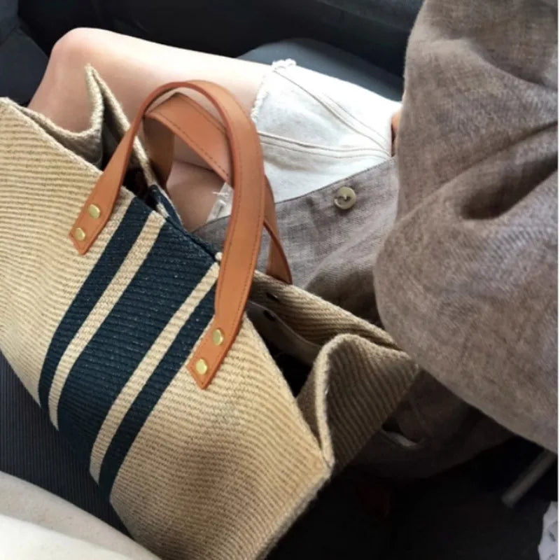 Striped Canvas Tote Bag – Casual Elegance &amp; Large Capacity