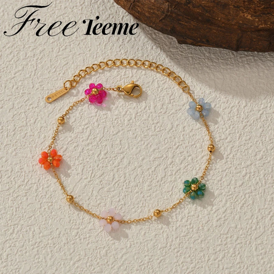 Colorful Flower Bracelet – Stainless Steel &amp; Gold Beads