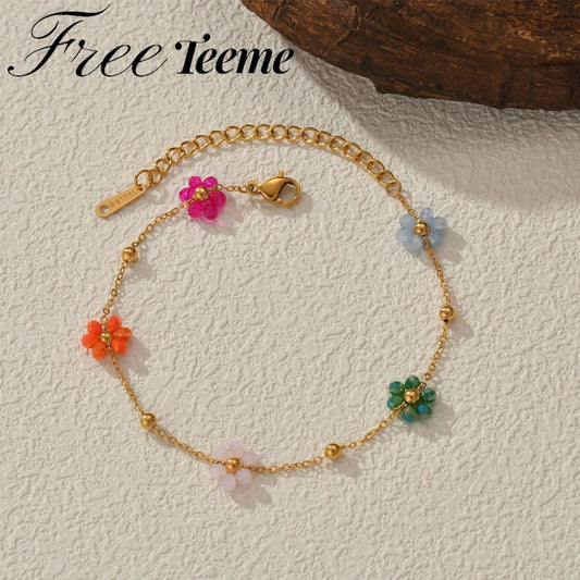 Colorful Flower Bracelet – Stainless Steel &amp; Gold Beads