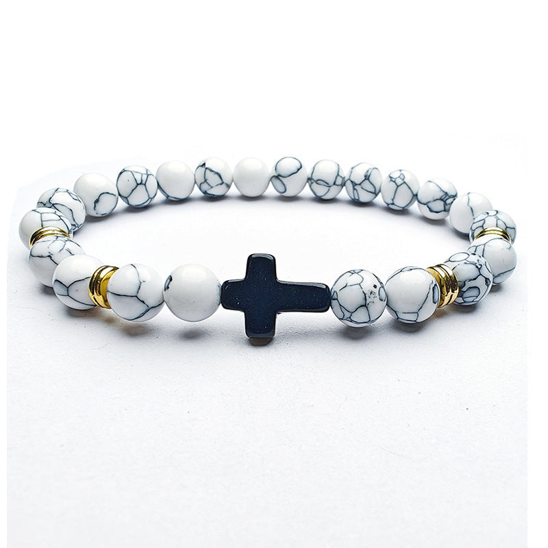 8mm Natural Stone Beaded Cross Bracelet