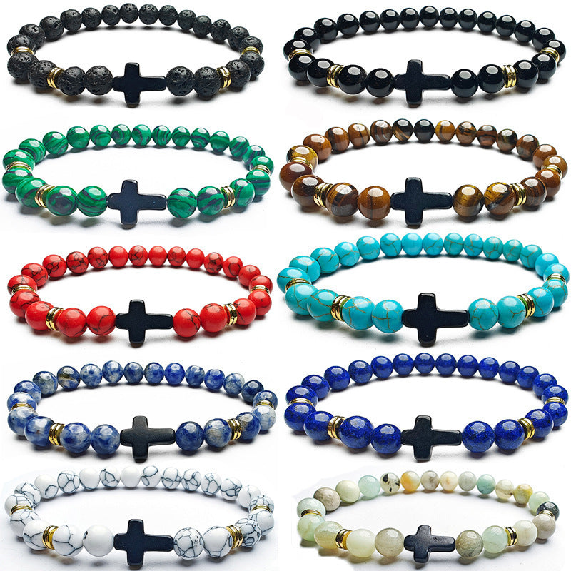 8mm Natural Stone Beaded Cross Bracelet