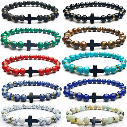8mm Natural Stone Beaded Cross Bracelet